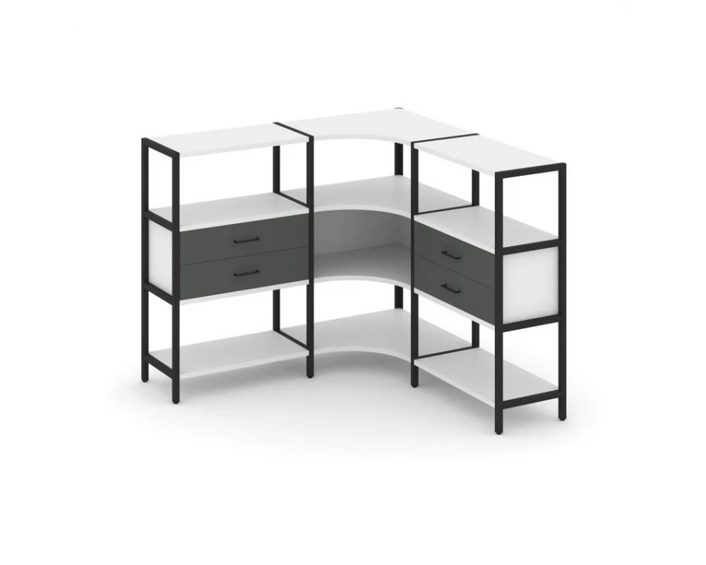 Трехсекционный угловой стеллаж трехярусный с ящиками 1590х1590х1246 Shelf System