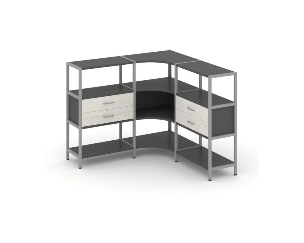 Трехсекционный угловой стеллаж трехярусный с ящиками 1590х1590х1246 Shelf System