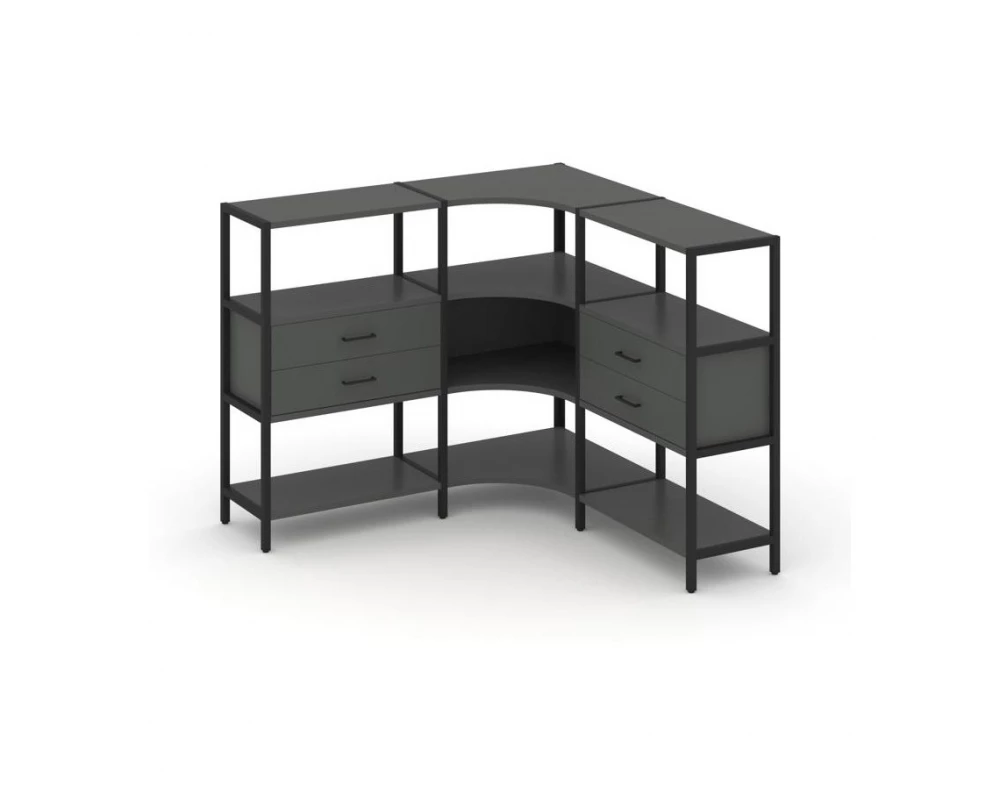 Трехсекционный угловой стеллаж трехярусный с ящиками 1590х1590х1246 Shelf System