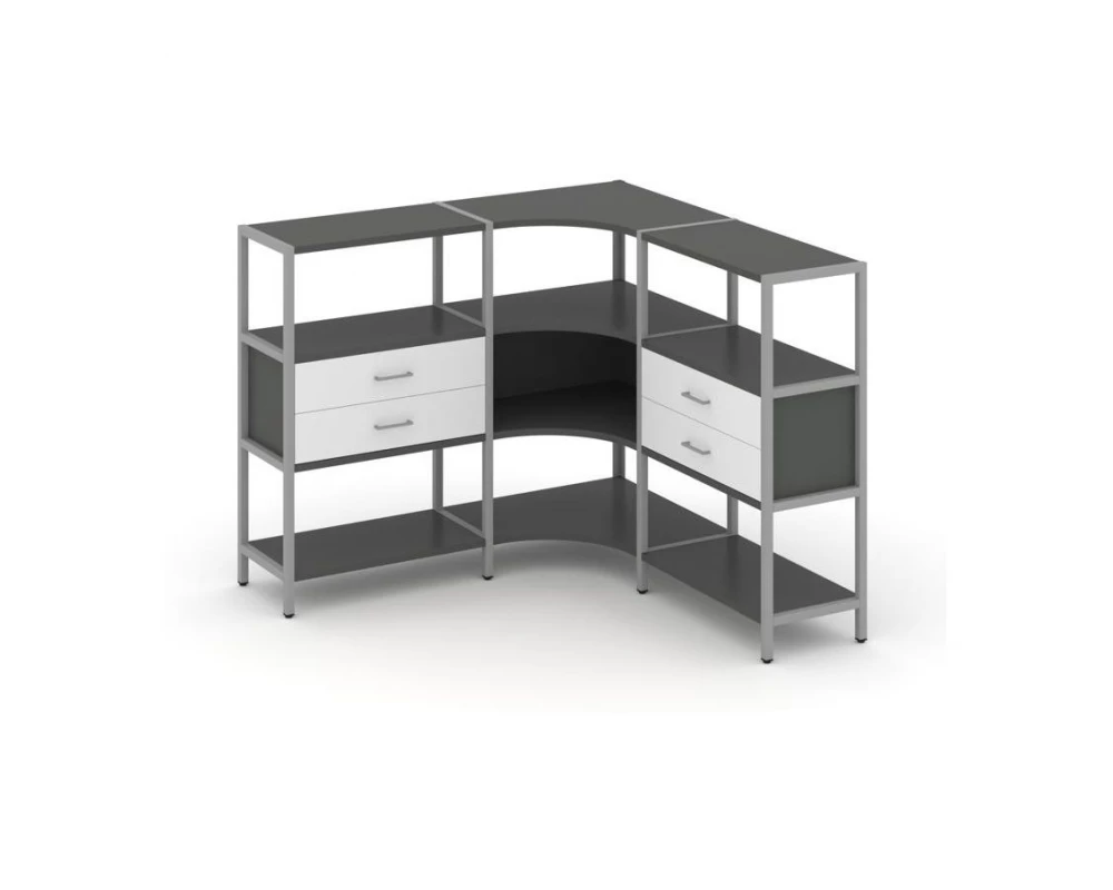 Трехсекционный угловой стеллаж трехярусный с ящиками 1590х1590х1246 Shelf System