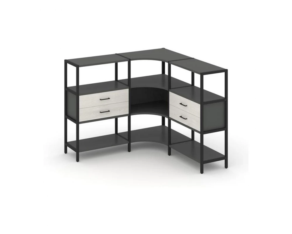 Трехсекционный угловой стеллаж трехярусный с ящиками 1590х1590х1246 Shelf System