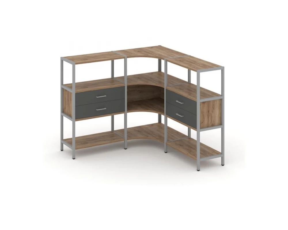 Трехсекционный угловой стеллаж трехярусный с ящиками 1590х1590х1246 Shelf System